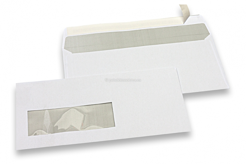 Sobres para impresoras láser, 110 x 220 mm (DL), ventana a la izquierda 40 x 110 mm, posición de la ventana a 15 mm desde izquierda y 20 mm del parte inferior