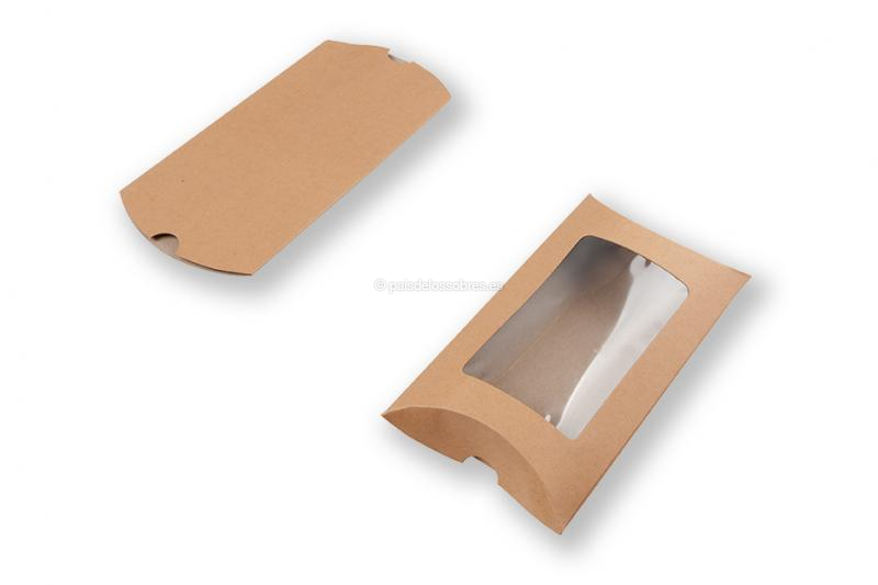 Cajas almohadas kraft marrón - 114 x 162 x 35 mm - con ventana 70 x 120 mm