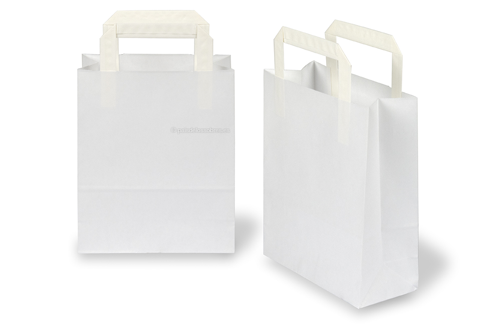 Bolsas de papel con asas planas - blanco, 180 x 80 x 220 mm