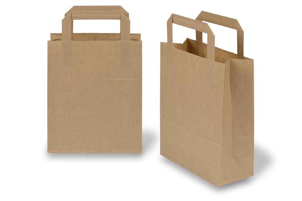 Bolsas de papel con asas planas - marrón, 180 x 80 x 220 mm