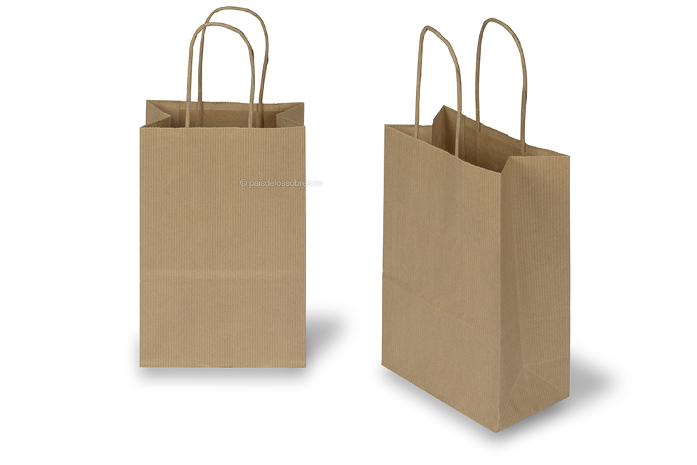 Bolsas de papel con asas redondas - marrón acanalado, 140 x 80 x 210 mm, 90 gramos