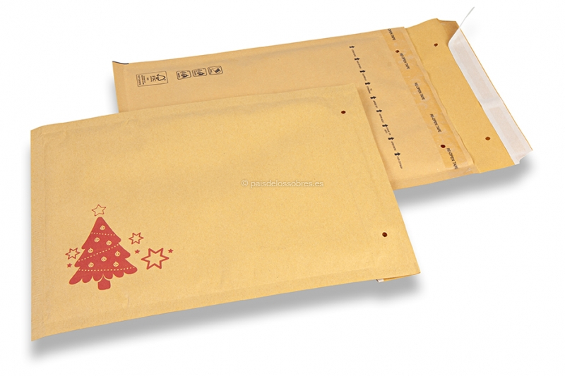 Sobres acolchados navideños marrones - Arbol de Navidad rojo