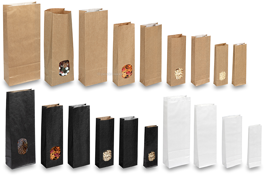 Bolsas de papel con base - marrón, negro y blanco, con y sin ventana