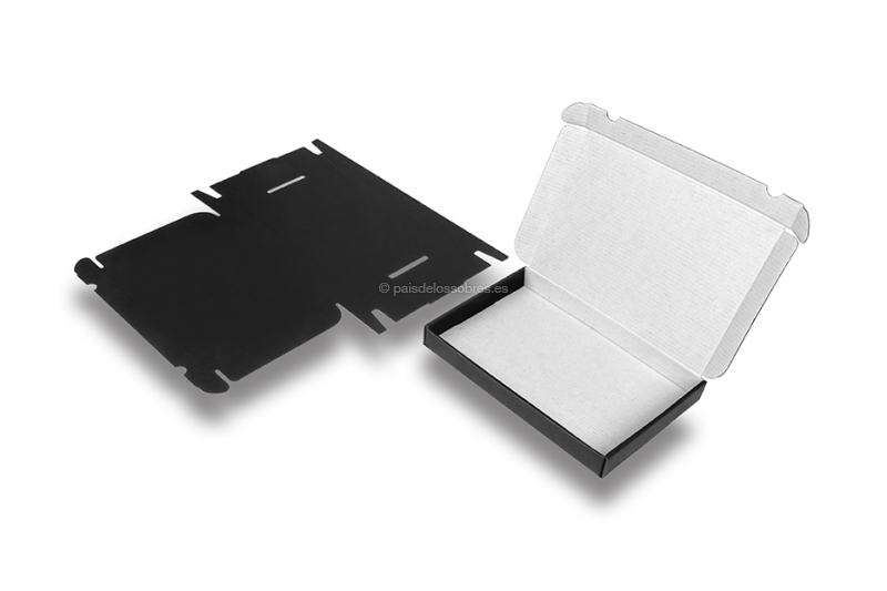 Cajas plegables negras para envío - con interior blanco, 230 x 160 x 26 mm