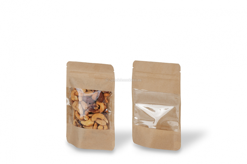 Bolsas stand up kraft con ventana grande - 110 x 185 x 70 mm, 250 ml