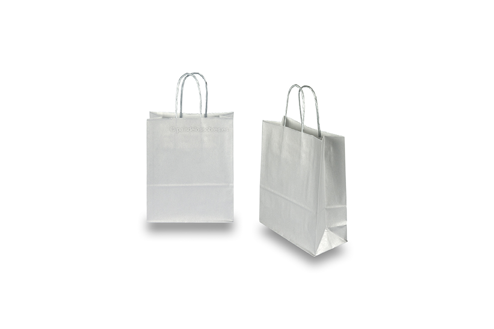 Bolsas de papel con asas redondas - plata, 180 x 80 x 220 mm, 90 gramos