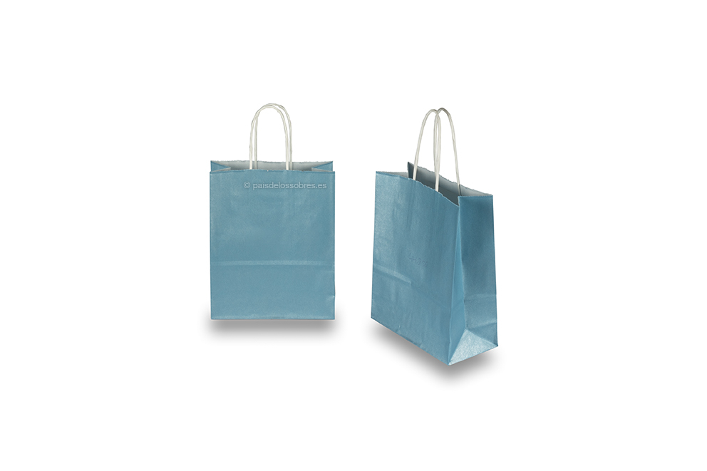 Bolsas de papel con asas redondas - azul metalizado, 180 x 80 x 220 mm, 90 gramos