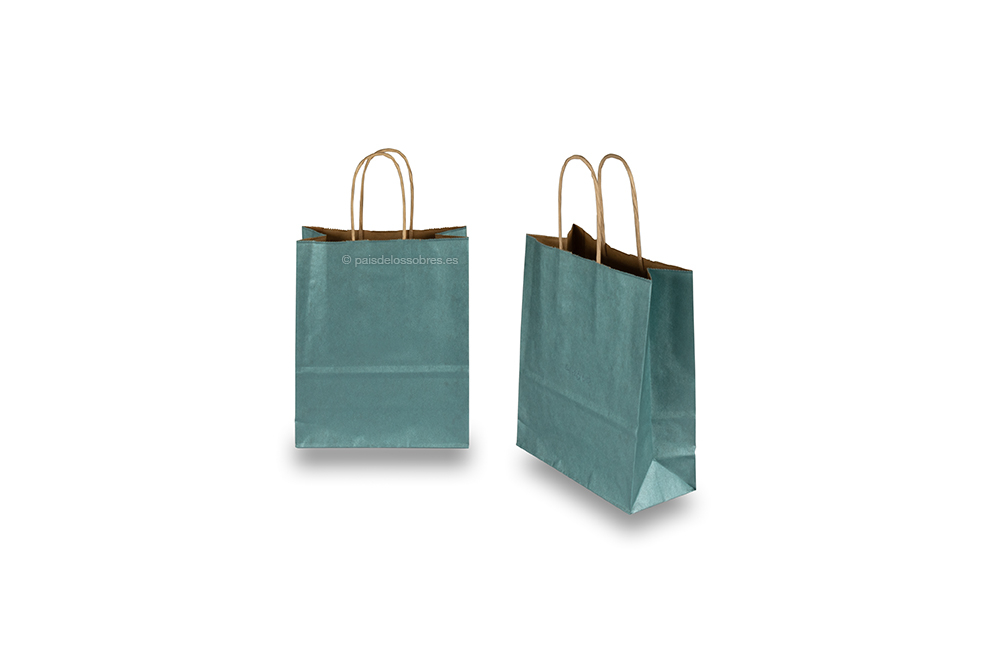 Bolsas de papel con asas redondas - azul petróleo metalizado, 180 x 80 x 220 mm, 90 gramos