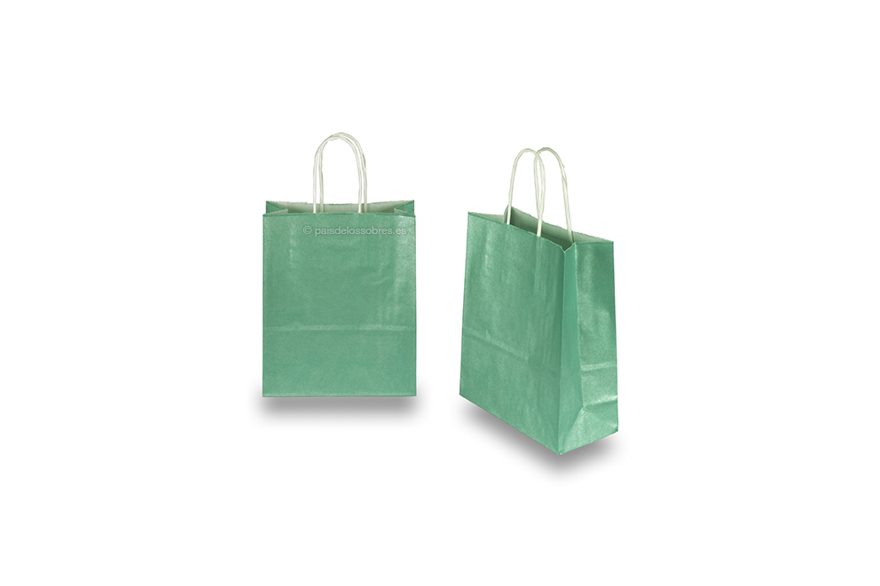 Bolsas de papel con asas redondas - verde metalizado, 180 x 80 x 220 mm, 90 gramos