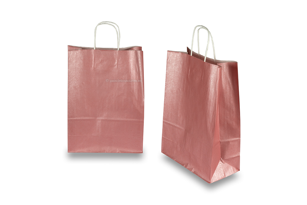 Bolsas de papel con asas redondas - rosa metalizado, 260 x 120 x 350 mm, 90 gramos