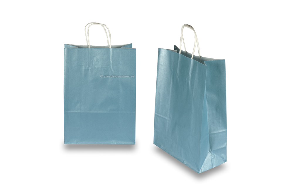 Bolsas de papel con asas redondas - azul metalizado, 260 x 120 x 350 mm, 90 gramos