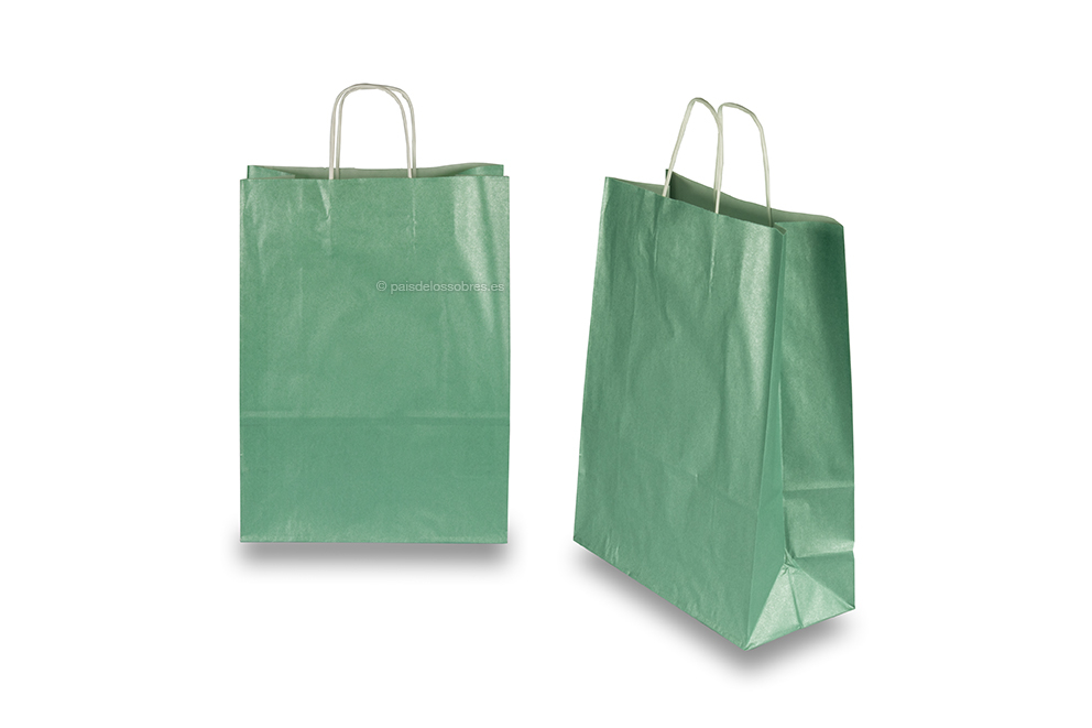 Bolsas de papel con asas redondas - verde metalizado, 260 x 120 x 350 mm, 90 gramos