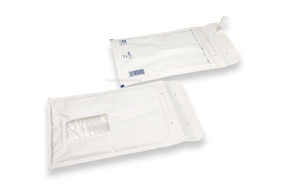 Sobres acolchados blancos con ventana - 175 x 265 mm, ventana a la izquierda 55 x 90 mm, posición de la ventana a 30 mm desde isquierda y 70 mm del parte superior