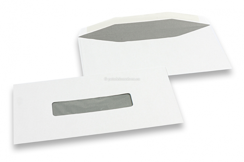 Sobres con ventana, blancos, 109 x 224 mm, ventana centrada 25 x 110 mm, posición de la ventana a 53 mm desde izquierda y 40 mm del extremo inferior, engomados, 80 gramos, peso aprox. cada uno 3 g