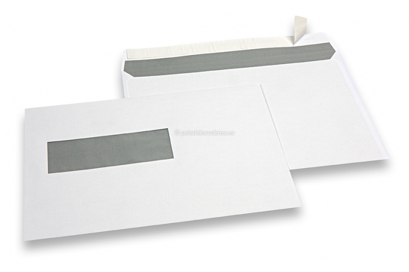 Sobres con ventana, blancos, 162 x 229 mm (C5), ventana a la izquierda 40 x 110 mm, posición de la ventana a 20 mm desde izquierda y 72 mm del extremo inferior, cierre autoadhesivo, 90 gramos, peso aprox. cada uno 7 g