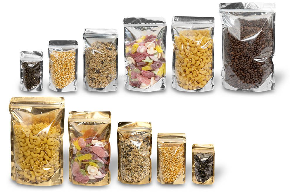 Bolsas metálicas transparentes stand-up - dorado metalizado y plata metalizado