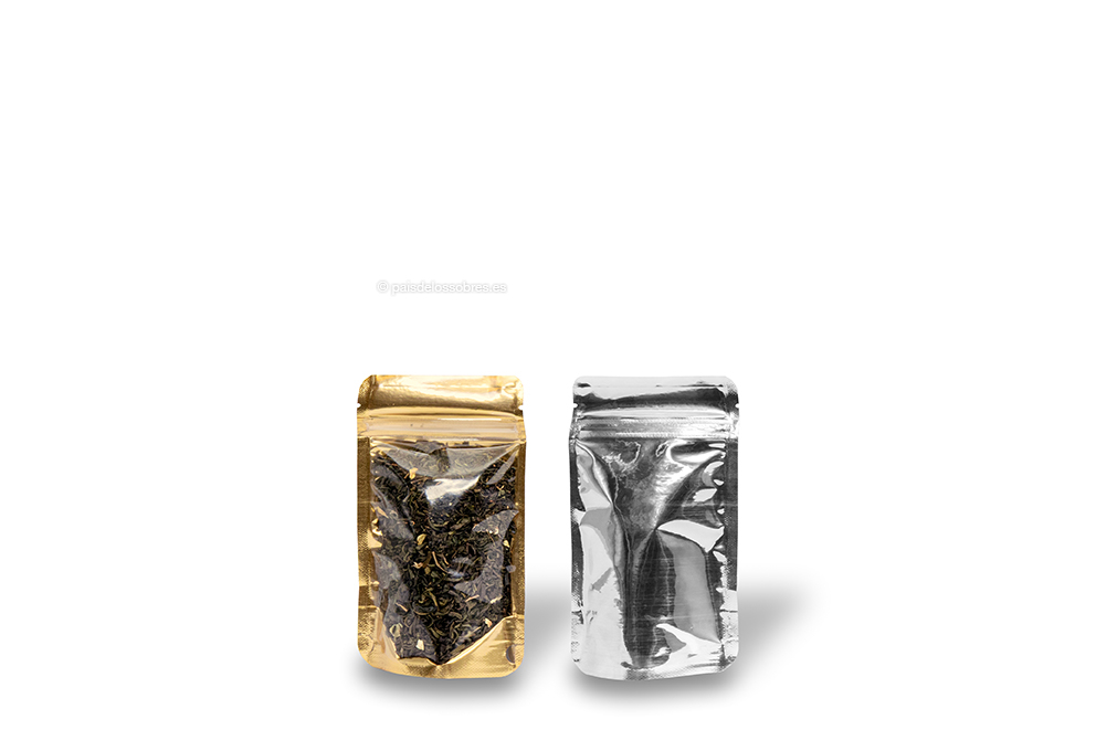 Bolsas metálicas transparentes stand-up - dorado metalizado, 85 x 145 x 50 mm - 100 ml