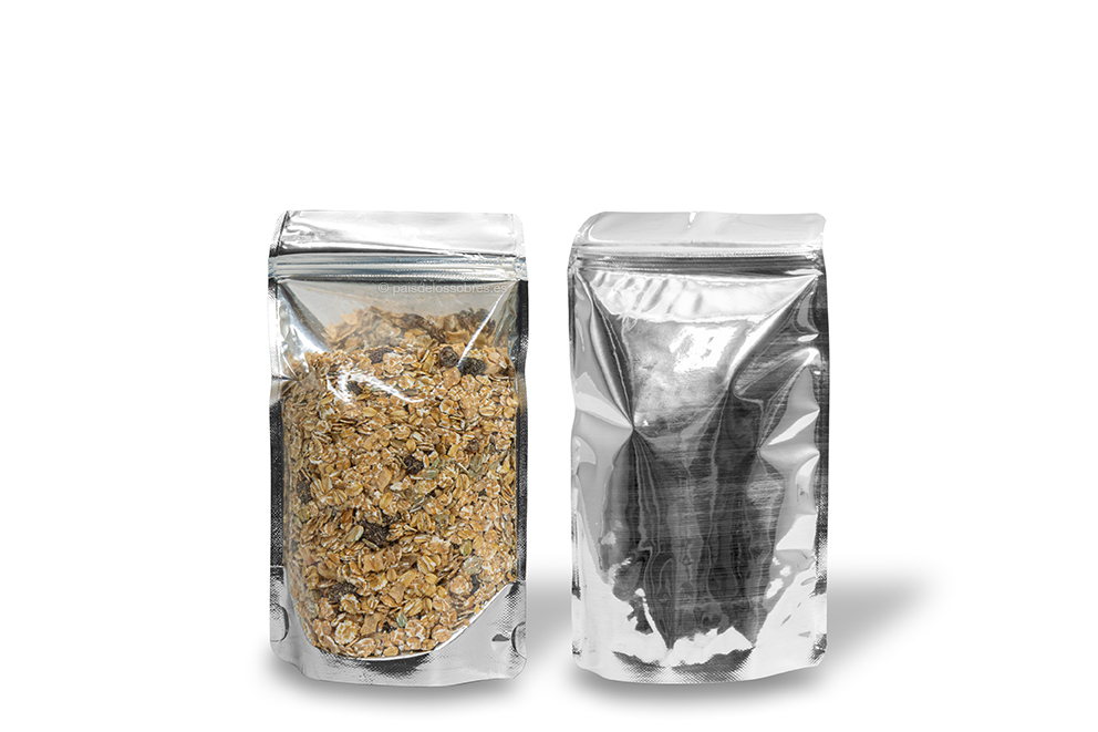 Bolsas metálicas transparentes stand-up - plata metalizado, 130 x 225 x 70 mm - 500 ml