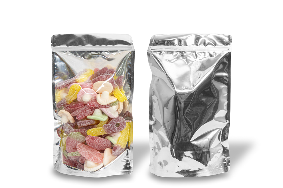 Bolsas metálicas transparentes stand-up - plata metalizado, 160 x 270 x 80 mm - 750 ml