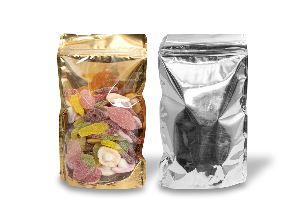 Bolsas metálicas transparentes stand-up - dorado metalizado, 160 x 270 x 80 mm - 750 ml